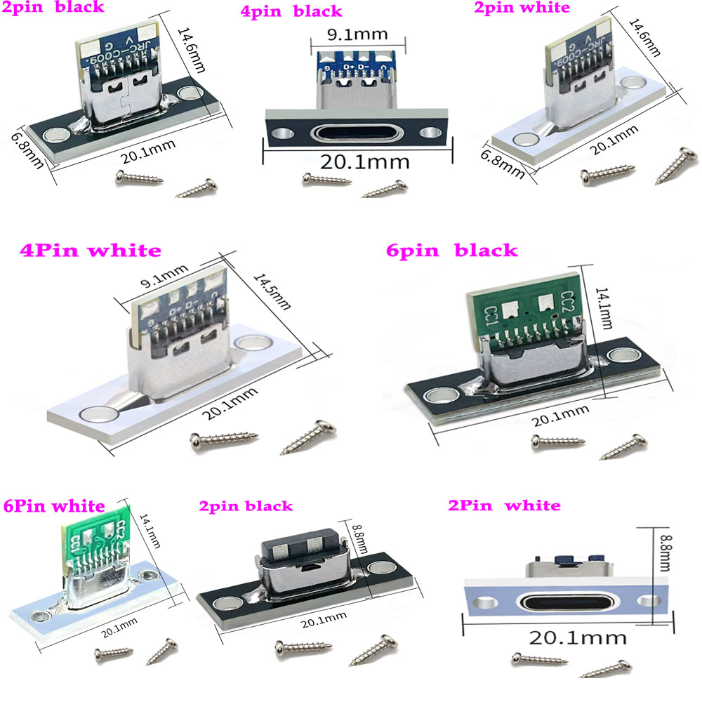1-10 Uds conector USB tipo C 3,1 tipo C 2 pines 4 pines conector hembra puerto de carga USB 3,1 tipo C enchufe con placa de fijación de tornillo