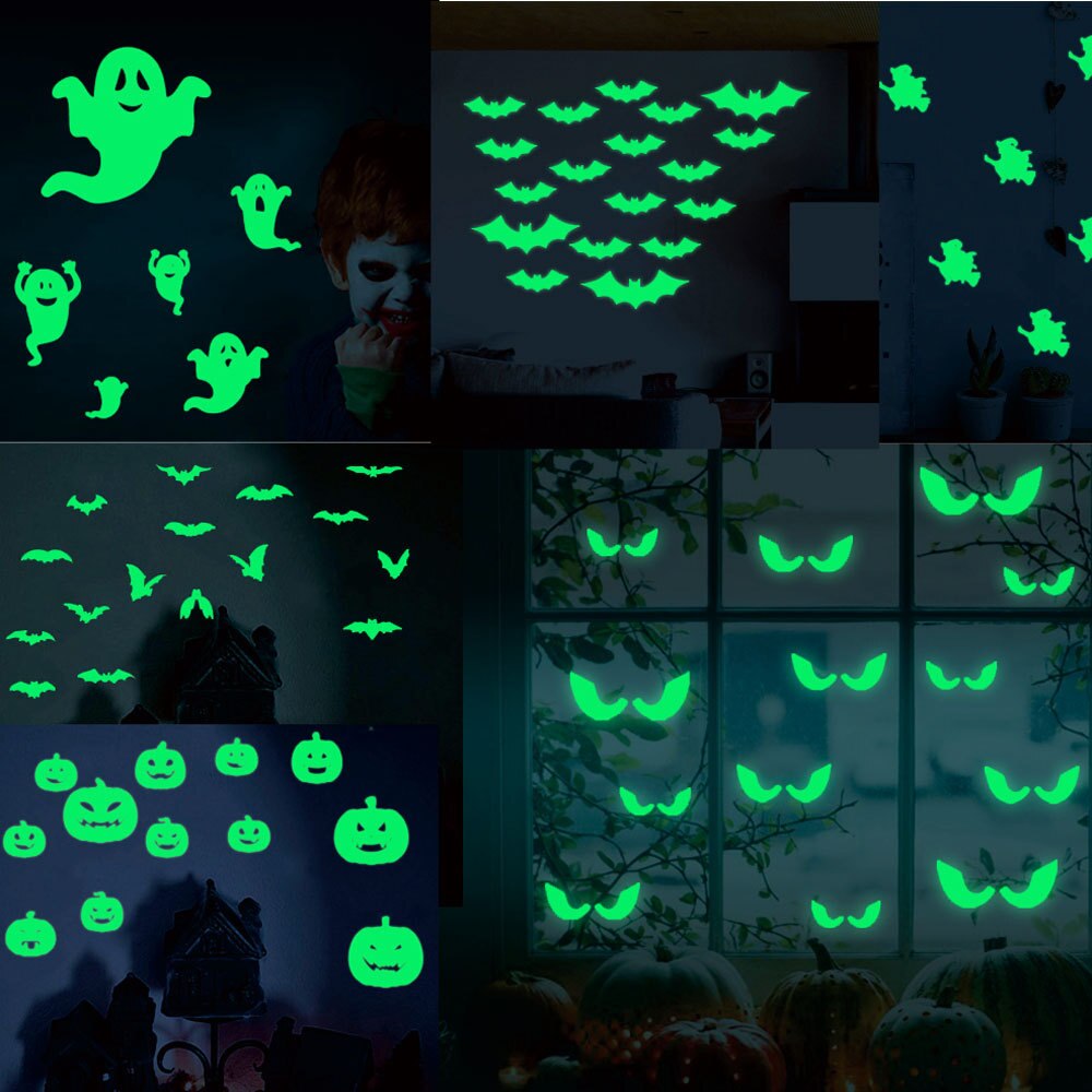 Offre Spéciale 18 pièces/ensemble brillant dans les yeux sombres mur verre autocollant Halloween décoration décalcomanies lumineux maison ornements-vert
