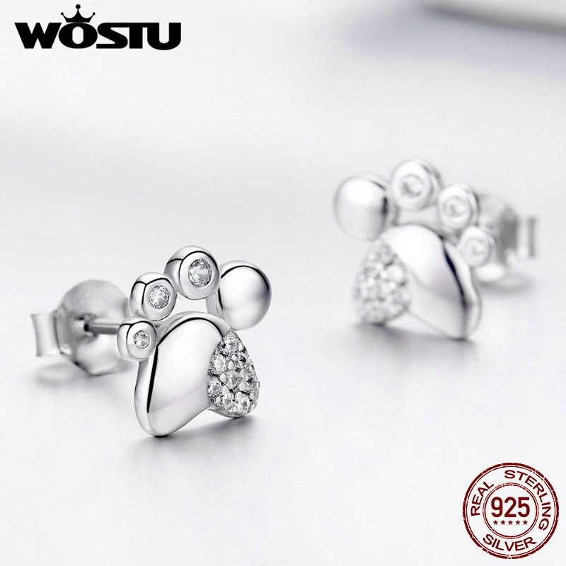 WOSTU 925 Sterling Silver Footprints Dog Paw Small Stud Earrings For Women Wedding Luxury Silver Earrings 925 Jewelry FNE033