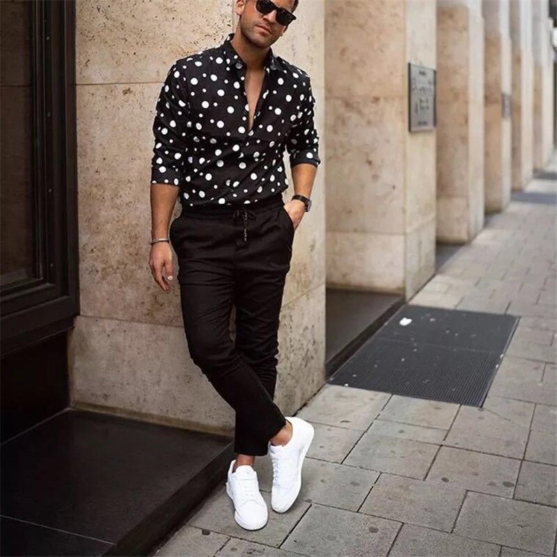 Camiseta de lunares para hombre, camisas formales informales de manga larga entalladas con botones hacia abajo