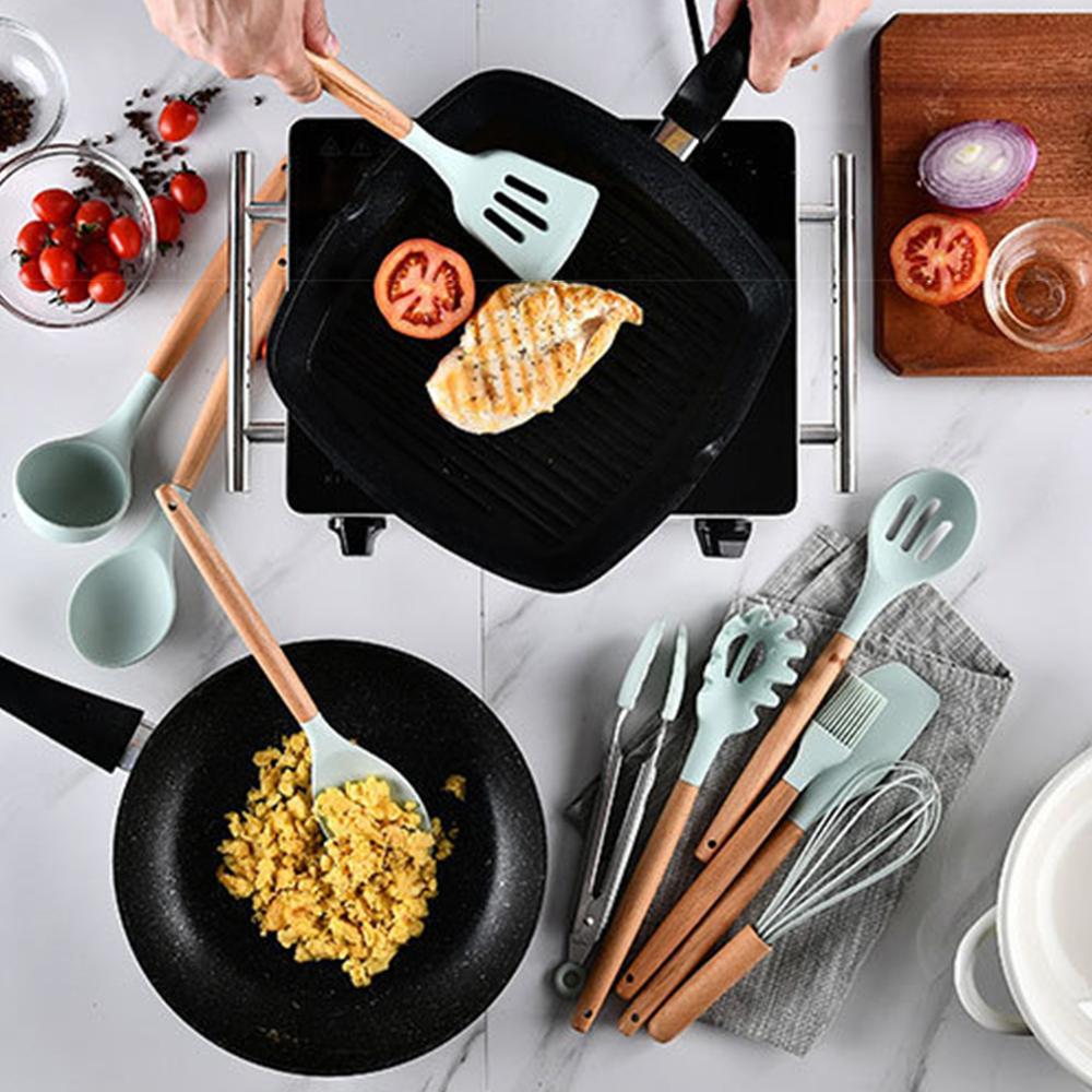 12 st silikon köksredskap köksredskap set värmebeständigt kök non-stick bakverktyg av trähandtag med förvaringslåda