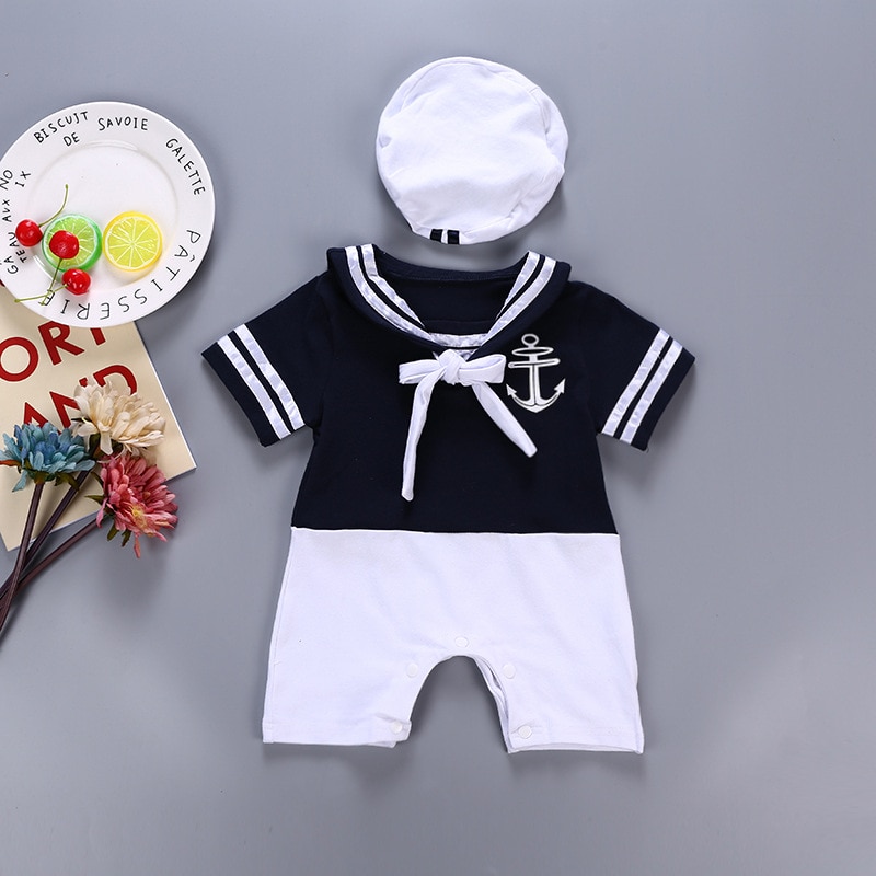 Infant Baby Summer Short Sleeve Rompers Clothes Baby Boy Sailor Suit with Navy Hat Sailor Collar Children Climbing Jumpsuit Sets