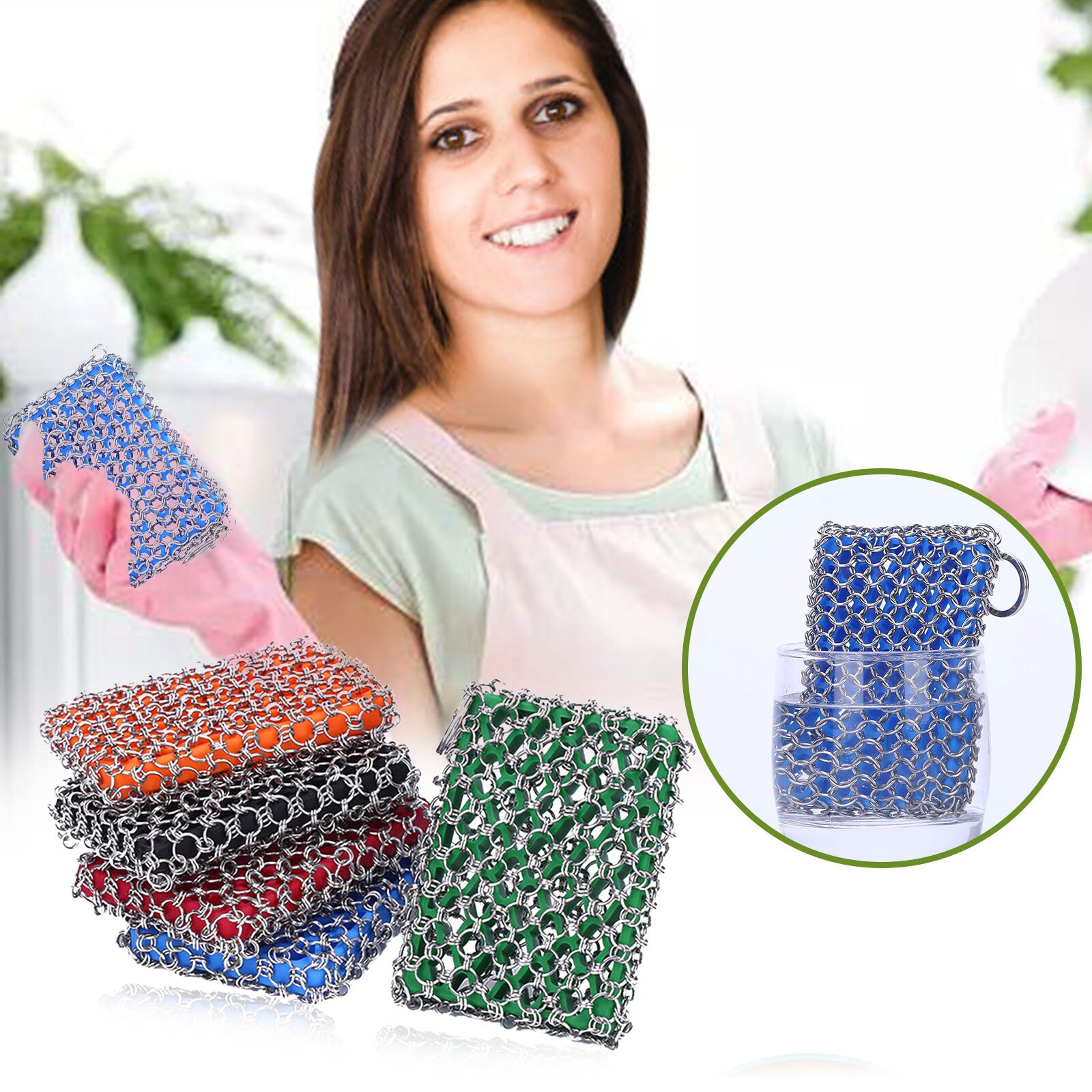 Cast Iron Cleaner & Emery Sponge Chainmail Scrubber Stainless Steel Scraper Steel Rusts Remover Scraper Kit Metal Cleaning Tools