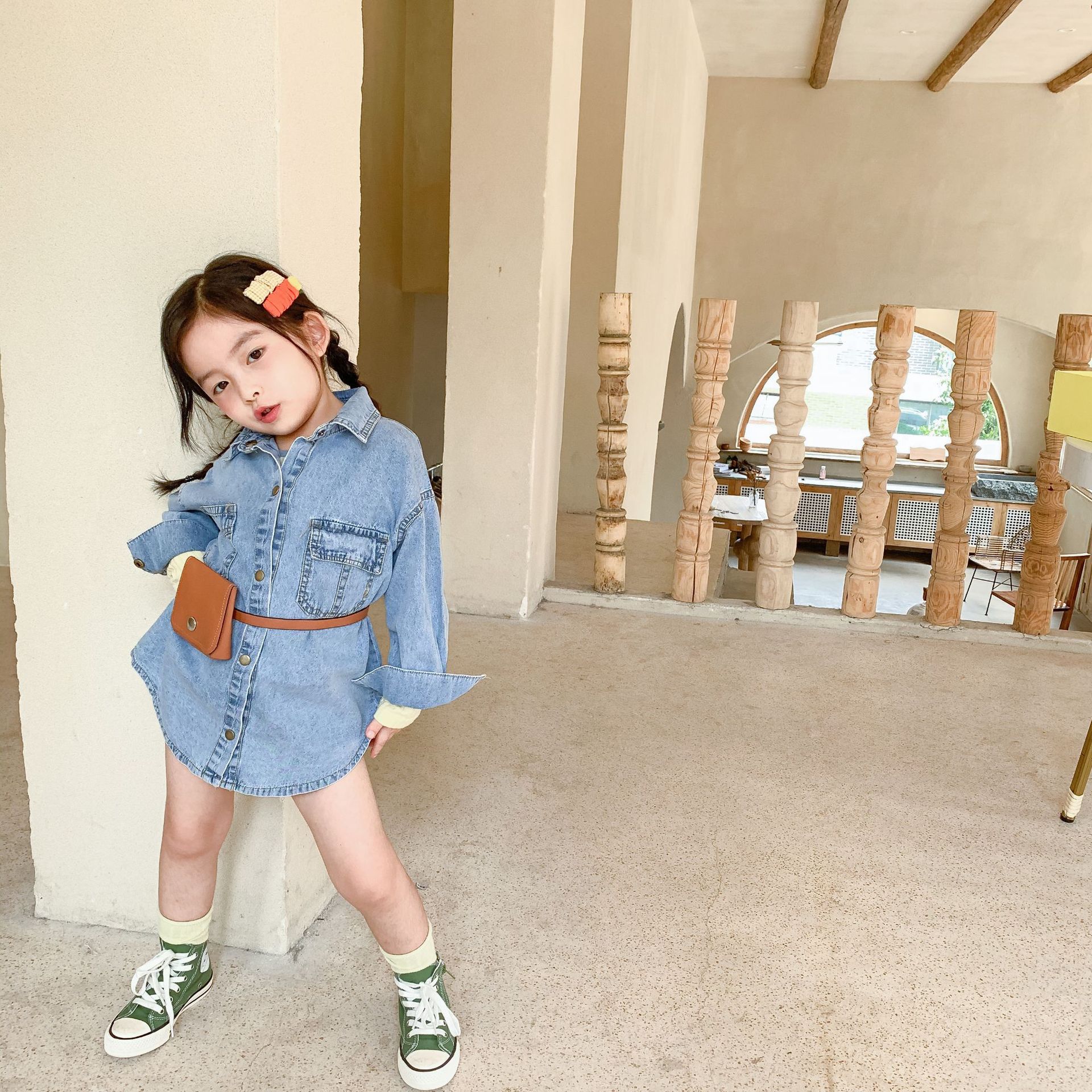 Höst tjejer långärmade jeansblusar barn koreanska blusar med väska