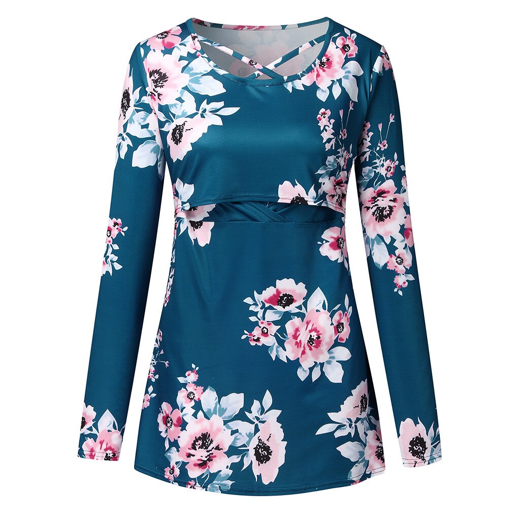 Fall Maternity Clothes Women Pregnant Nursing Maternity O-neck Long Sleeve Printed Floral Blouse Tops Zwangerschaps Kleding: S