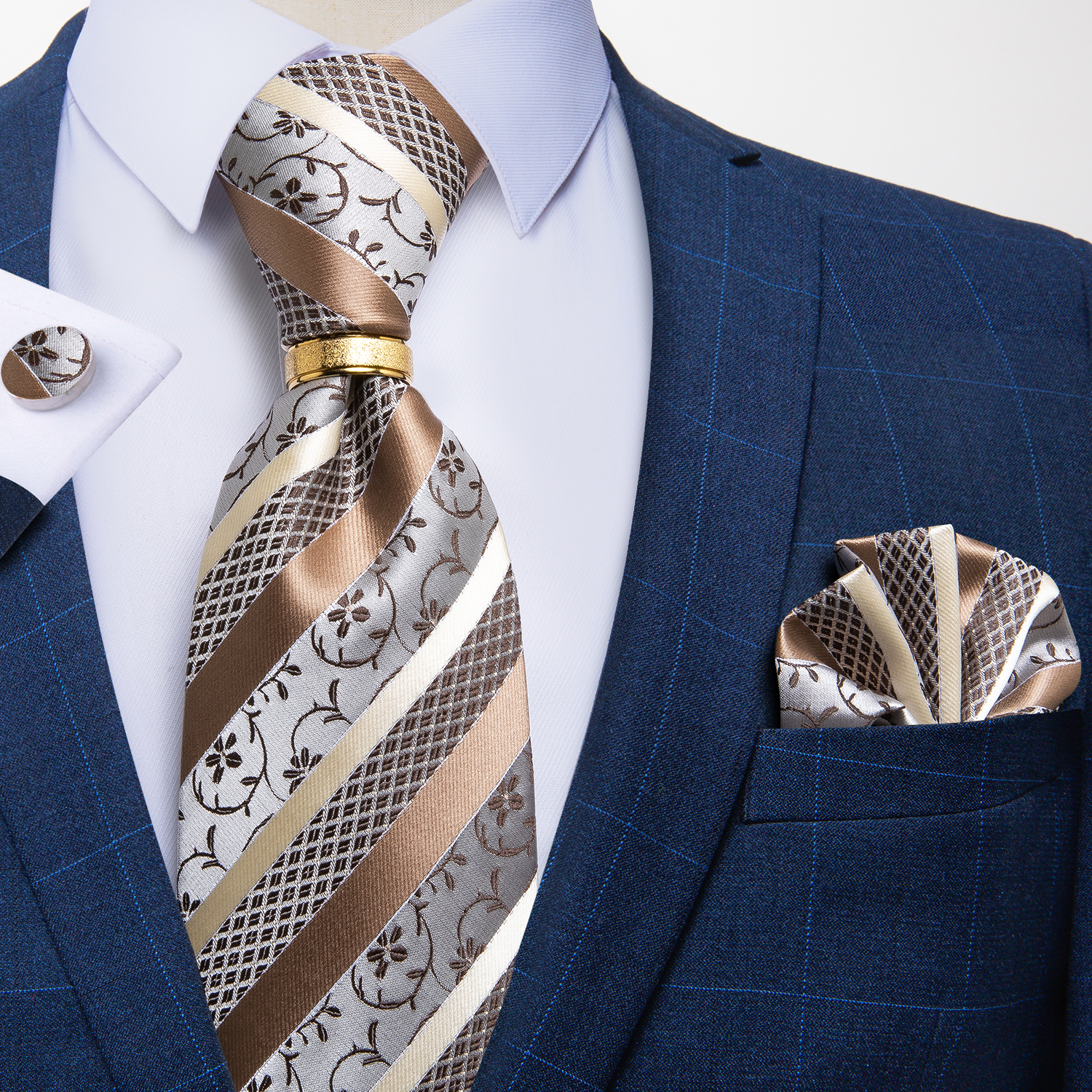 Corbata para hombre con anillo de Metal de Color dorado, conjunto de corbata de 8cm a la , pañuelo, gemelos, accesorios para de boda y negocios, para hombre: Blanco
