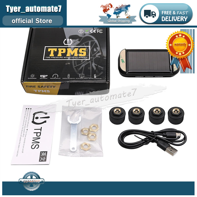 Bandenspanningscontrolesysteem met 4 externe sensoren, temperatuurwaarschuwing, digitale manometer, autobandenspanningsmonitor, tpms op zonne-energie.
