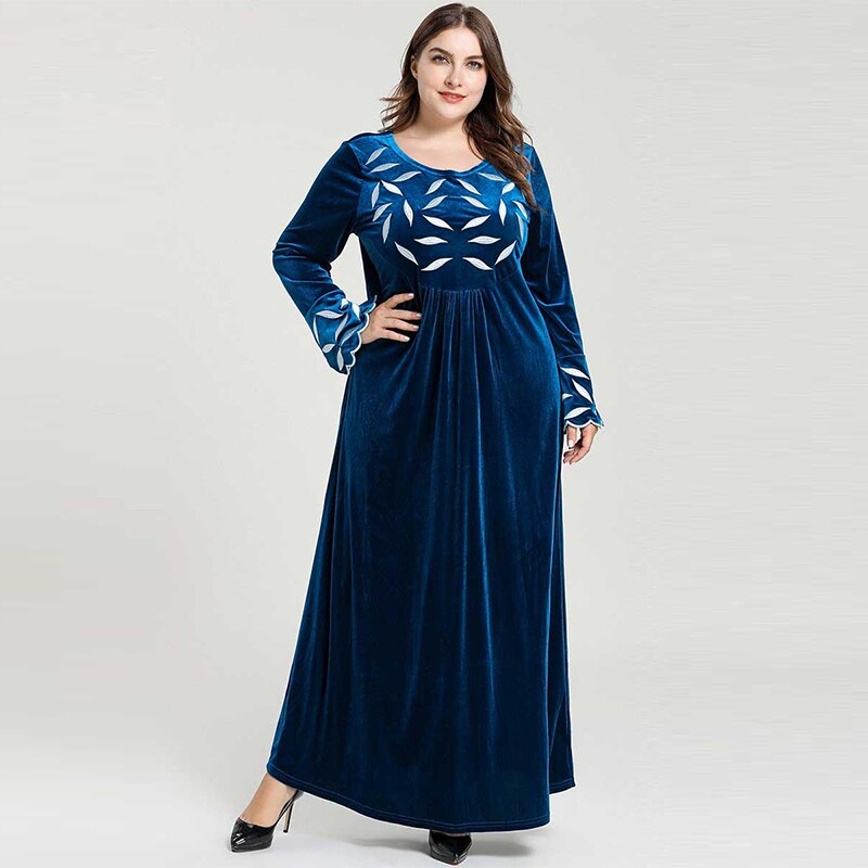 Middle Eastern Dress Islamic Turkey Embroidered Long-Sleeved Round Neck Muslim Big Pen Gold Velvet Dress Arab Dubai