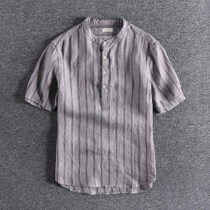 Linnen overhemd met korte mouwen heren zomer britse trend overhemd streep contrast top 02512: Lichtgrijs / M