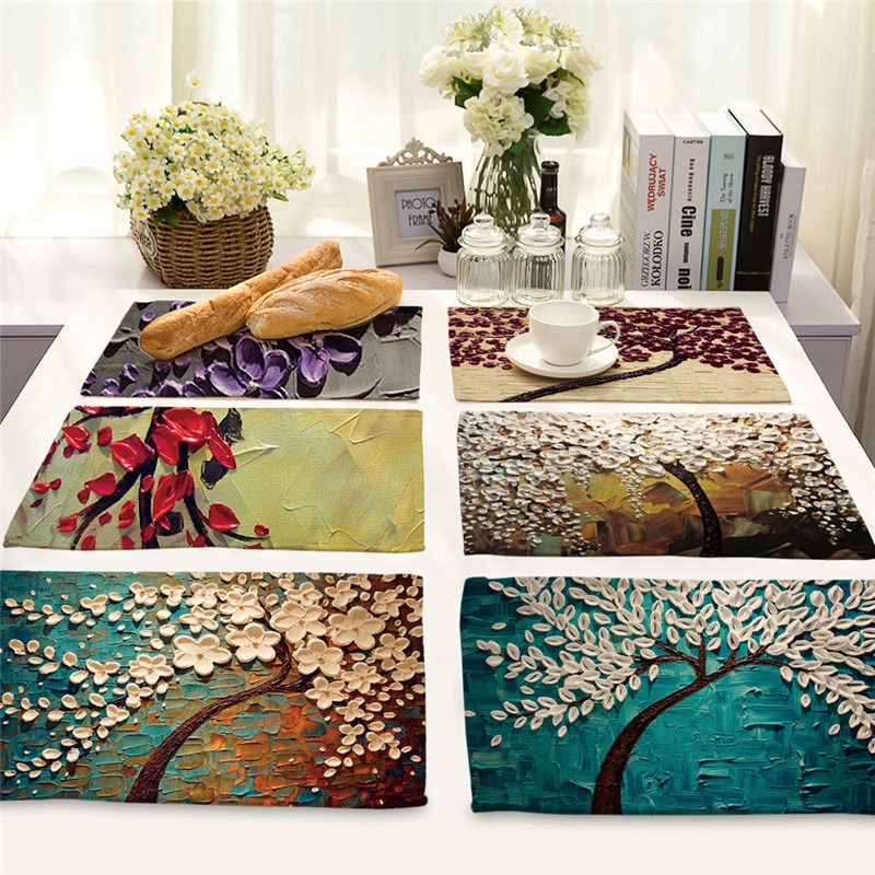 1Pcs Flower Tree Pattern Kitchen Placemat Dining Table Mat Drink Coaster Cotton Linen Pad Bowl Cup Mat 42*32cm Home Decor MP0016