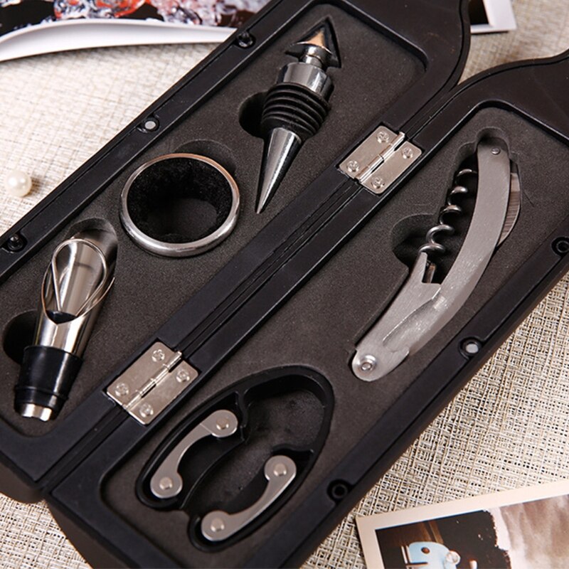 Wine Bottle Opener Stopper Set with Bottle/Cup Shape Storage Case Stainless Steel Pour Spout Drip Ring Practical Gadget