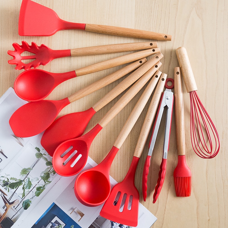 Kitchen Utensils Set Red Cooking Utensils Set Silicone Kitchen Tools Gadgets Wooden Spatula Set