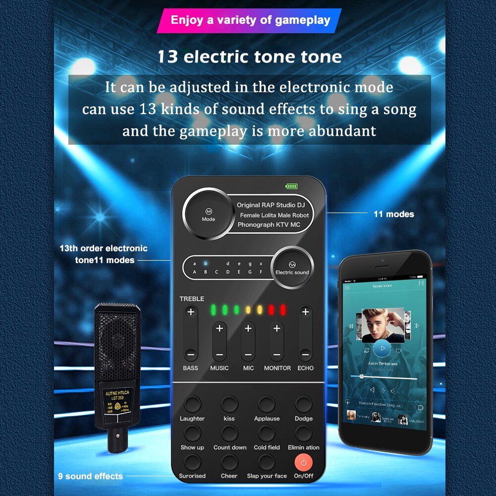 PC Tablet Speaker Sound Card Kit Portable Multiple Audio Effect Voice Changer Bluetooth-Compatible Live Sound Card