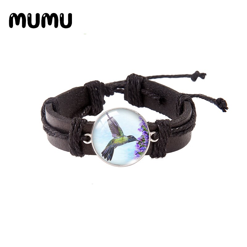 Hummingbird Flower Leather Bracelet Round Glass Dome Bracelets Handmade Jewelry Men Women: 2