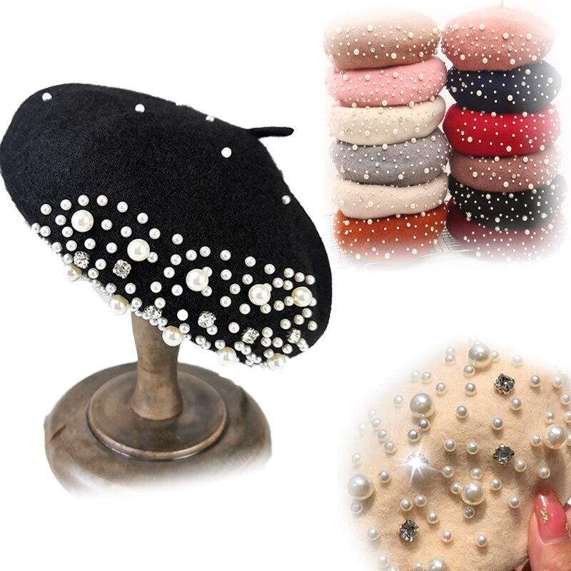 neue Winter warm Französisch Perle Strass Baskenmütze Hütte Elegante Mütze Kappen Einfarbig lässig Herbst Hütte für Frauen mädchen