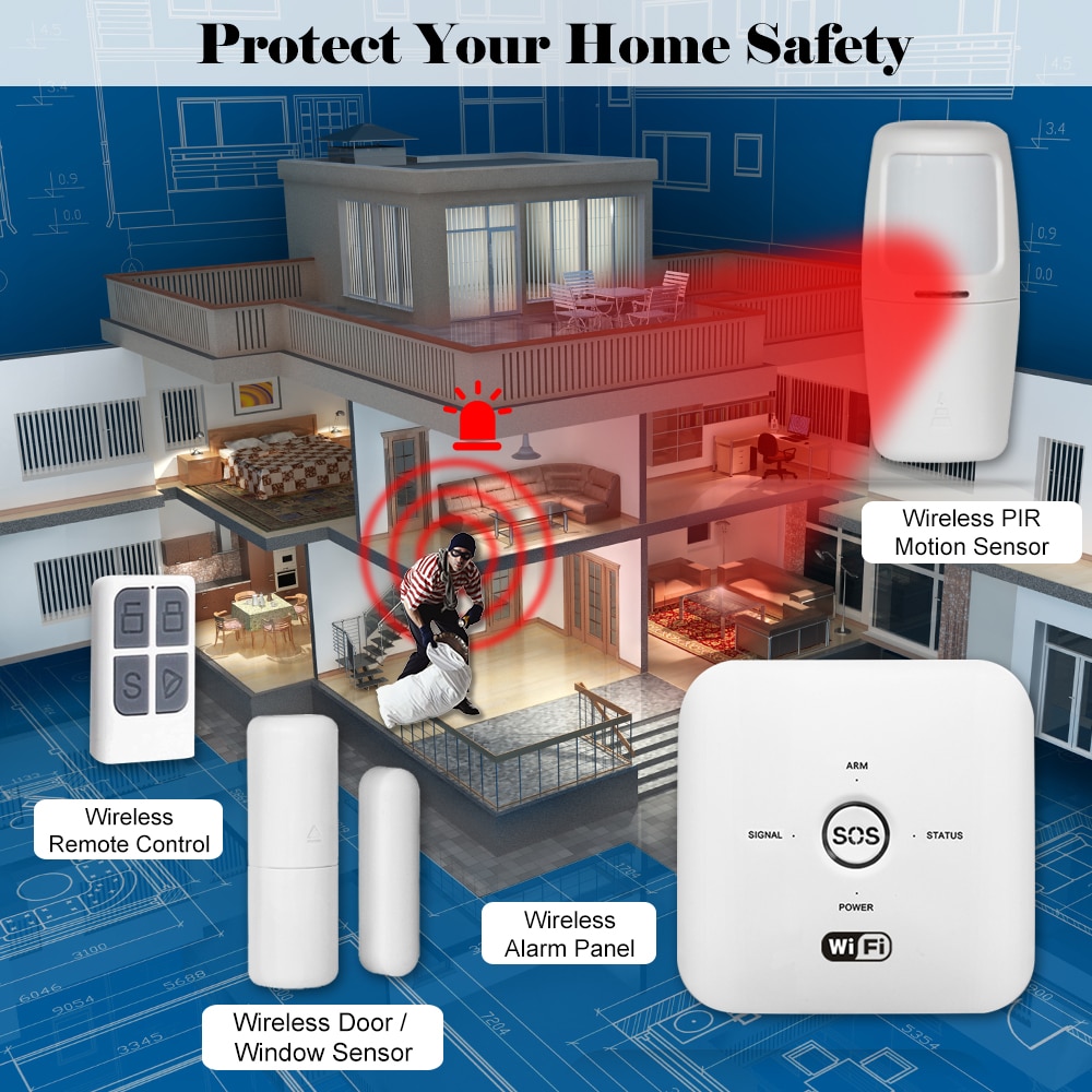 Tuya Smart WIFI GSM Home Security Alarm System PIR Remote Controlled Compatible with Alexa Google Assistant 100-240V Alarm