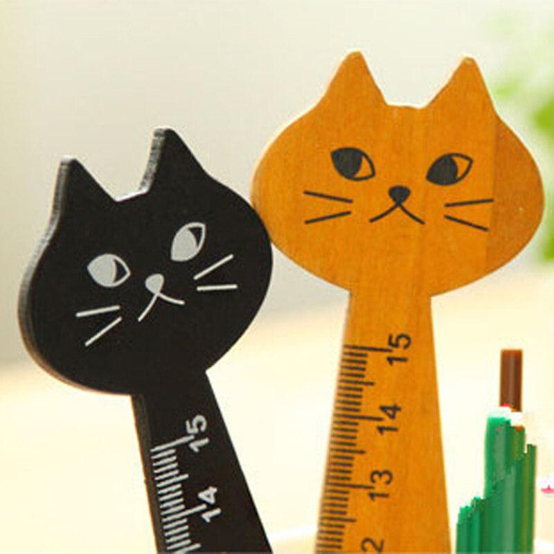 1PCS Wood Straight Ruler 15cm Black Yellow Lovely Cat Shape Ruler for Kids Student Stationery Office School Supplies