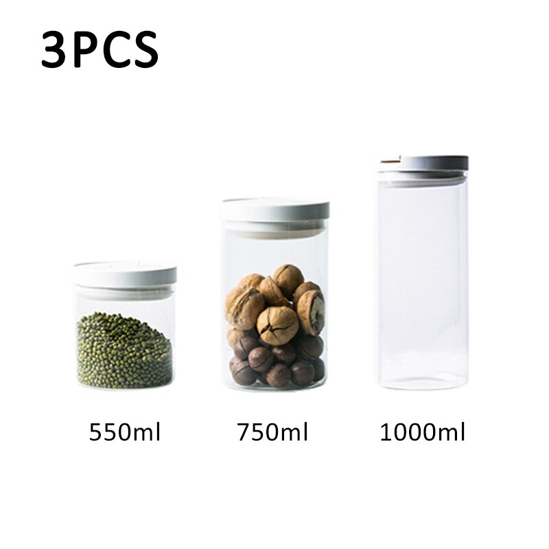 550/1000/1300 ml glas opbevaringsbeholdere til madopbevaring køkken opbevaringsbeholder boks slikflasker glas teglas forseglede dåser med låg: 3 stk - hvid