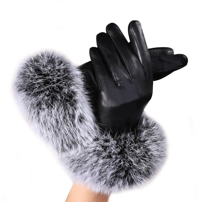 Warm Gloves Lady Luxury Fur Gloves Winter Leather Full Finger Warm Glove Driving Outdoor Glove Women Black Mitten #L20: Black