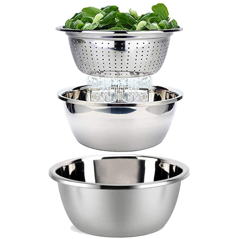 Mixing Bowl Set and Colander Salad Bowl Stainless Steel Anti-Kitchen Stacking Bowl Set Non-Stick Food Preparation Bowl