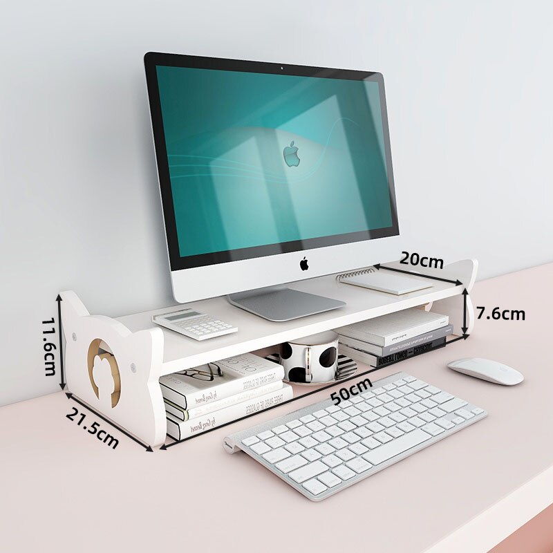 Cute Cat's Paw Monitor Stand Desk Storage Rack Wooden Computer Riser Desk Organizer Storage Shelves Cabinet Home Office Supplies: Single layer white