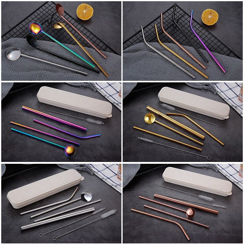 Portable Stainless Steel Straw Set Reusable Color Straw With Cleaning Brush(Set Of 7,1Bent+2Straight+2 Brush+1Spoon+1Box)