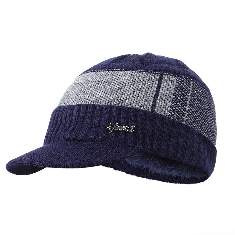 Herre vinterlue todelt varm og fløyel tykk lue vinterlue herre ull skjerf lue balaclavahue strikke lue casual pappa luer: Marine -2