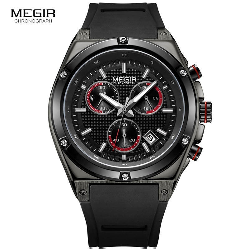 Megir Mannen Zwarte Siliconen Sport Quartz Horloges Lichtgevende Relojios Relojes Waterdicht Chronograaf Klok Montres Q2073G-BK-1