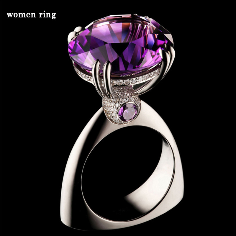Luxus Lila Großen Zirkon Hochzeit Ringe Für Frauen Silber Schmuck Ring Femme gotisch Geometrie Kristall Ringe Frauen Engagement Ring