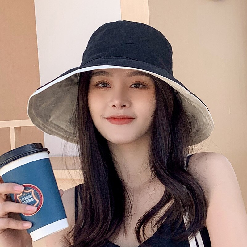 Women's Foldable Wide Brim Sun Hat Ladies Large Size Summer Beach Fisherman Cap Girls Casual Sun Protection Spring Hat: black   beige