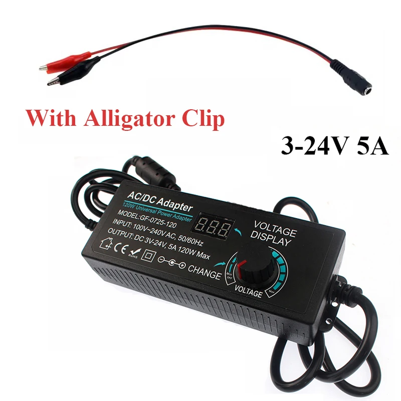 3V-24V 5A Adjustable Power Supply Adapter AC To DC Transformer Universal Led Power Supply with Display Screen Voltage Adapters: Silver / 24W