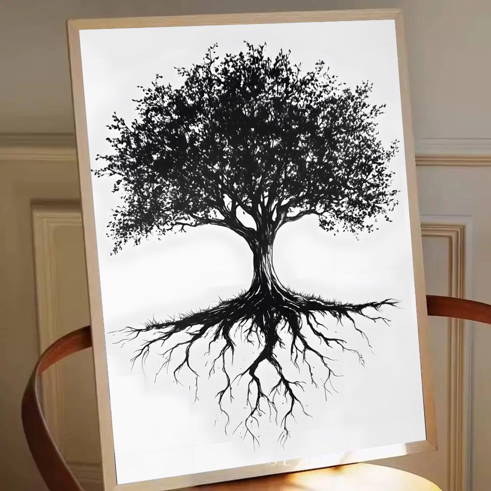 Zelfklevende poster met schilderij en prints voor slaapkamer en woonkamer, minimalistische zwart-wit berglandschap met bomen en kraaien.