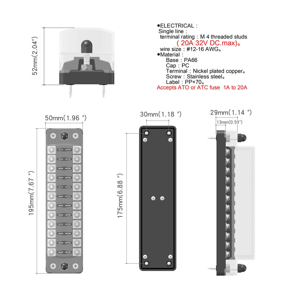 Car Fuses Box Holder 12V 75A Mass Breaker Digital Voltmeter Dual USB Port Fuse Block 6 Ways 12 Ways For Boat Camper RV Parts