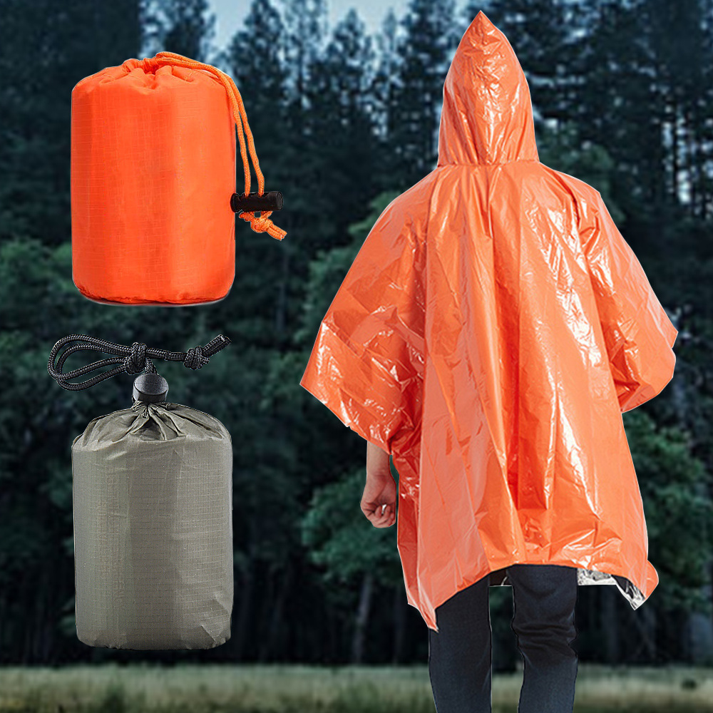 Outdoor Twee-Kleur Thermische Isolatie Emergency Regenjas Eenmalige Emergency Regenponcho Warm Aluminium Film Dubbelzijdig regenjas