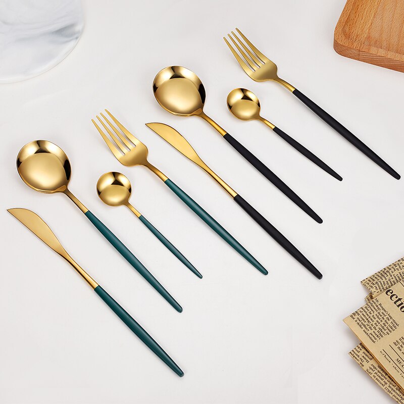 30Pcs White Gold Dinnerware Set Stainless Steel Knife Fork Spoon Cutlery Set Kitchen Tableware Set Flatware Set