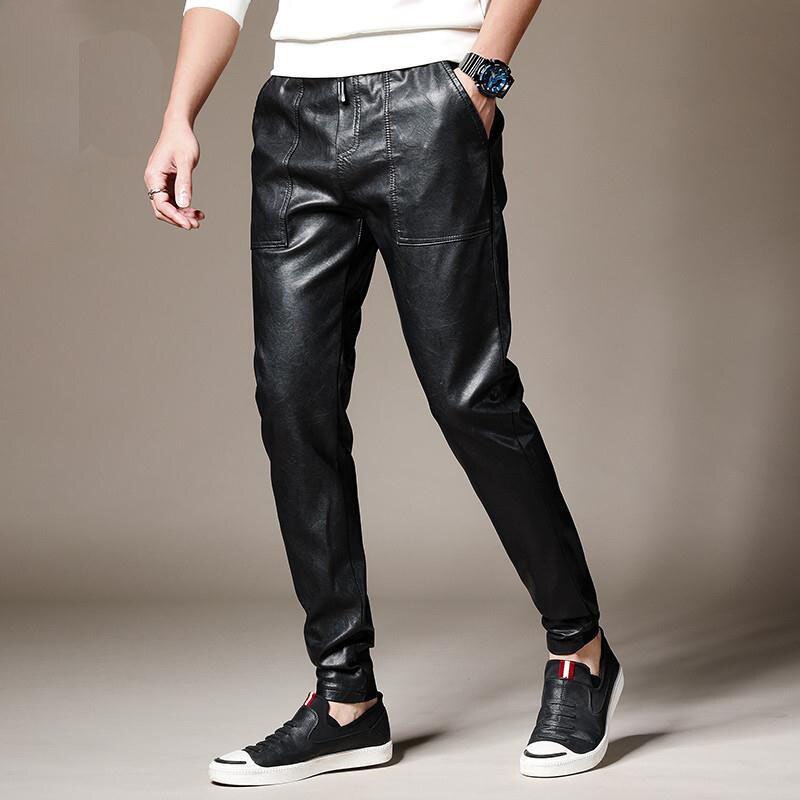 Idopy-pantalones bombachos de piel sintética para hombre, pantalón informal, coreano, de PU, cómodo, con cintura elástica, de cuero negro