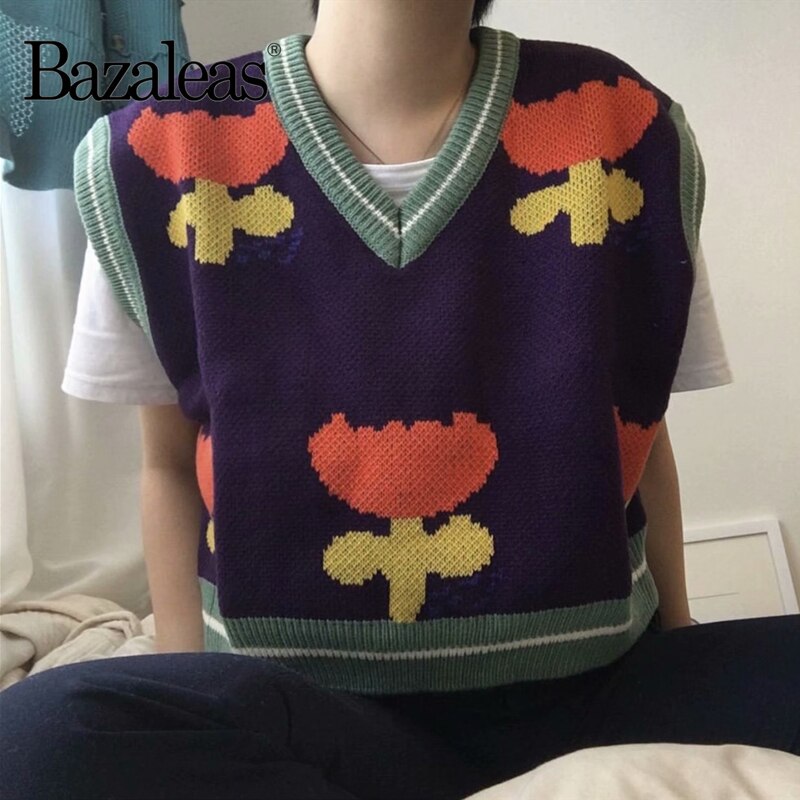 Bazalea retro tank dame sweater punk orange blomster pull femme lilla cardigan sweatere casual camis strikket