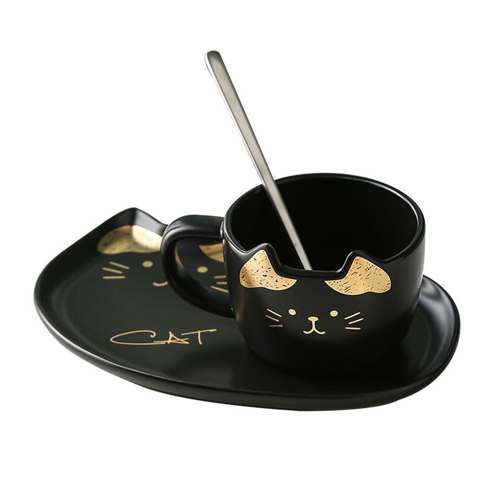Set de tazas de café de cerámica de gato de dibujos animados té taza y platillo cuchara desayuno taza para café o leche pan plato de postre de pareja