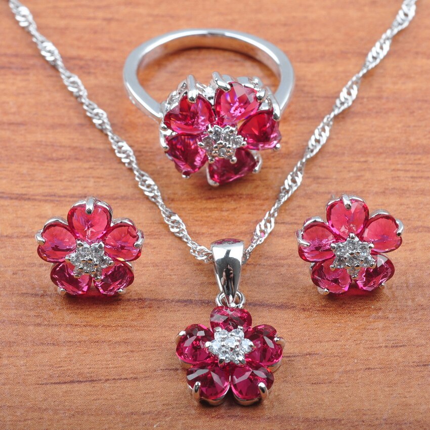 Zilver Kleur Sieraden Set Best Rode Zirconia Bloem Voor Vrouwen Oorbellen Ketting Hanger Ringen Armband Set JS0542