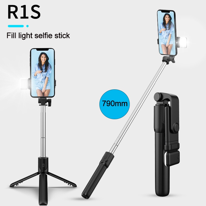 Wireless bluetooth selfie stick foldable mini tripod with fill light shutter remote control for IOS Android Smart phone