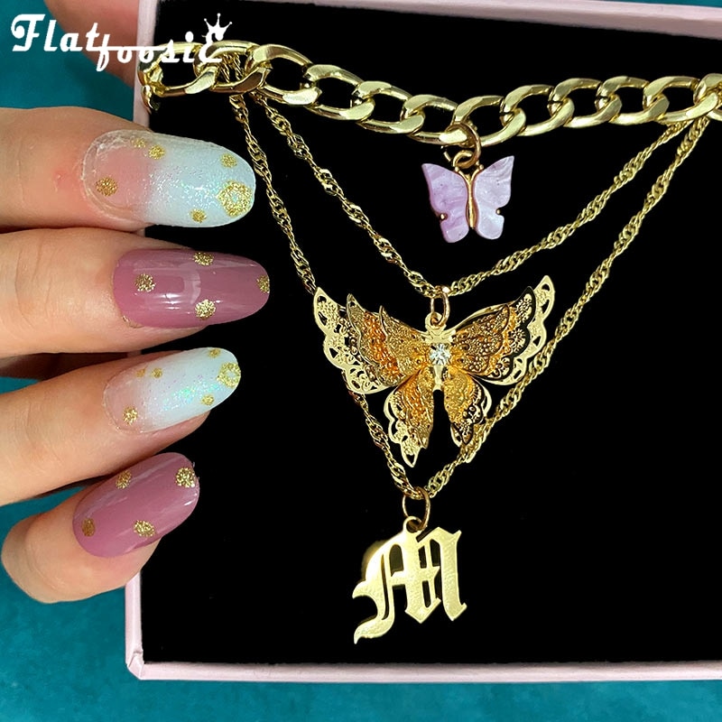 Flatfoosie 3Pcs/Set Gold Color Butterfly Choker Necklace for Women Multilayer Letter Pendant Necklace Jewelry Party