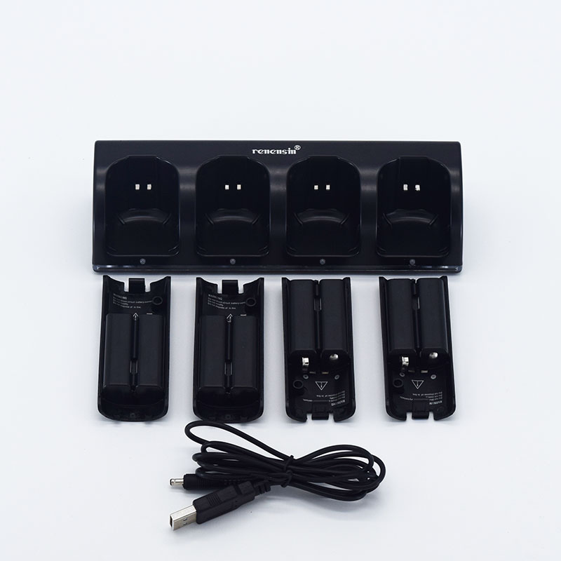Renensin Zwart 4x Oplaadbare Batterij + Quad 4 Dock Station Charger Kit voor Wii Remote Controller charger