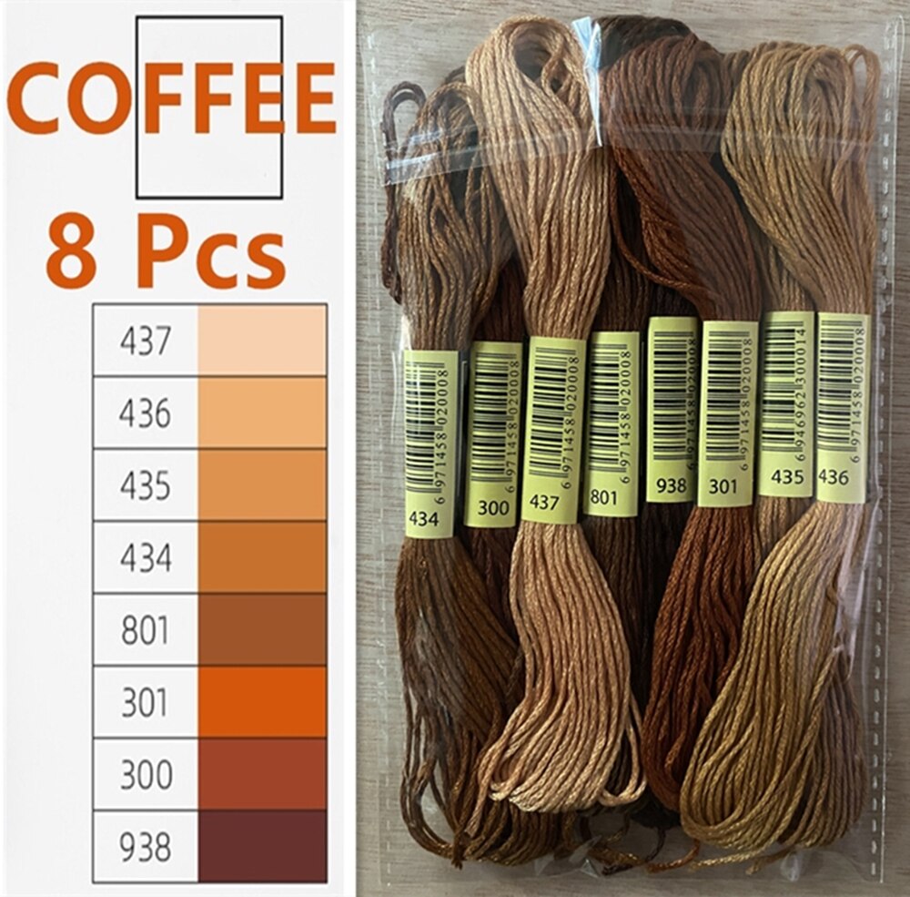 Embroidery Thread 447 Colors Embroidery Floss Cross Stitch Kit Premium Rainbow Embroidery DIY Threads Crafts Cotton Sewing Skein: Coffee 8 Color