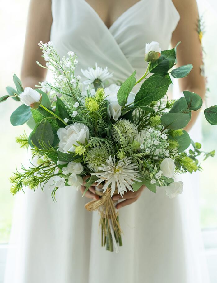 Janevini rose articielle hvid bryllupsbuket grøn brudepige blomst brud håndkrans kunstig brudebuket mariage blanc: Bryllupsbuket