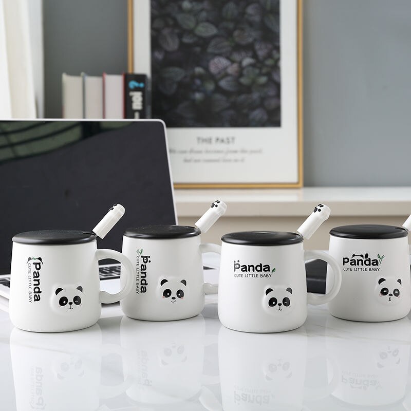 380ml Cartoon Panda Ceramic Mug Glass Cute Couple Cup Coffee Milk Cup Office Cup with Lid Spoon Girl
