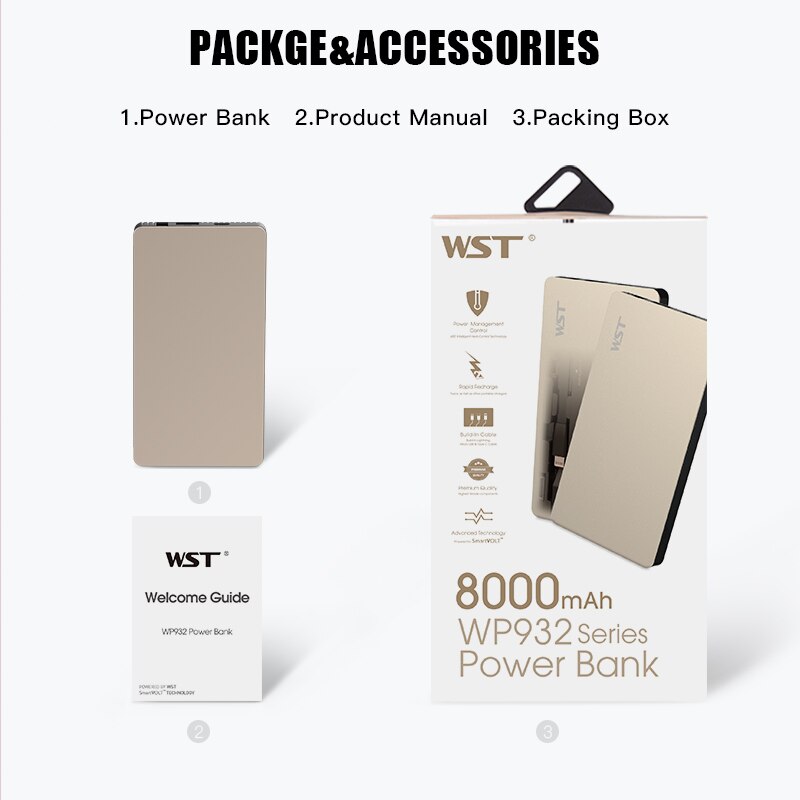 Wst Originele Ingebouwde Kabel Caricatore Portatile Ultra Dunne Power Bank Goud Zilver Zakelijke Stijl Draagbare Batterij