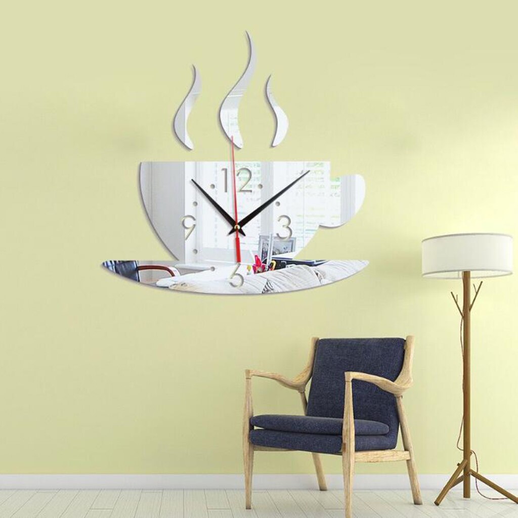 3D Diy Sticker Wandklok, spiegel Effect Koffiekopje Vormige Grote Diy Wall Clock Voor Woonkamer Slaapkamer Kantoor, Eenvoudig Te Installeren