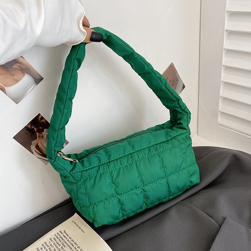 Lattice Pattern Shoulder Bag Space Cotton Handbag Women Large Capacity Tote Bags Feather Padded Ladies Quilted Shopper Bag: 24x14x10cm Green