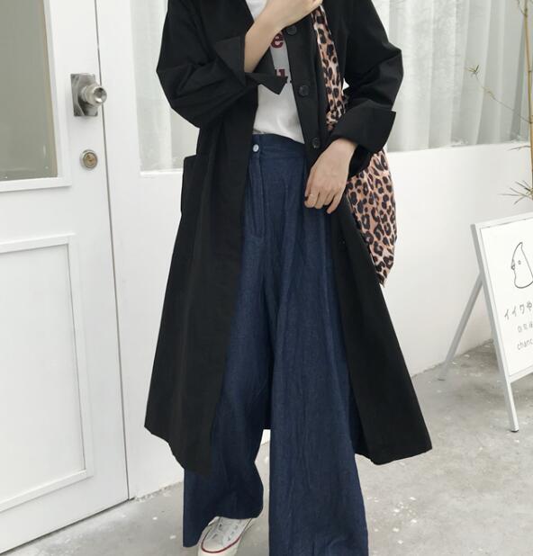 Kvinnor höst långärmad kappa lång trenchcoat kvinnlig fickkofta rak skjorta vindjacka manteau femme hiver överrock: Svart