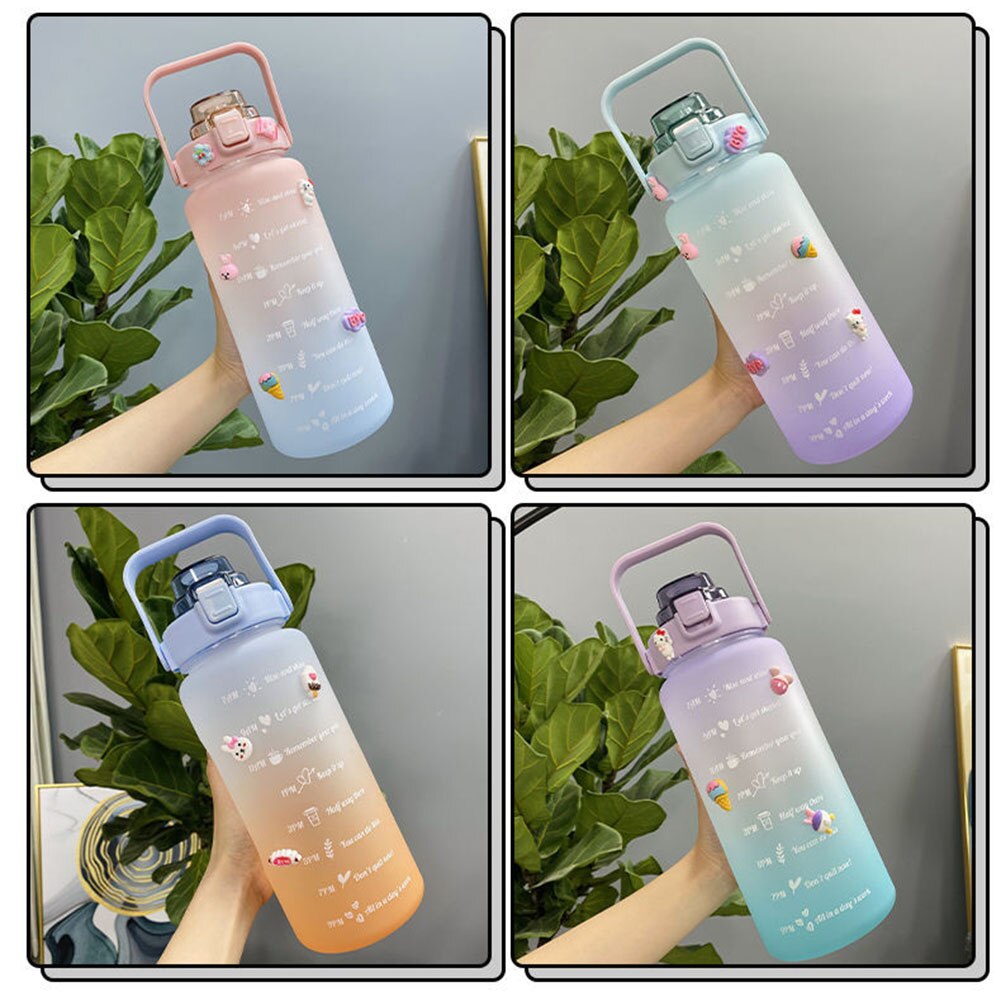 2L dużej pojemności gradient butelka wody kubek ze słomką sport podróży przenośny czas skala butelki robić picia zdatność dzbanek